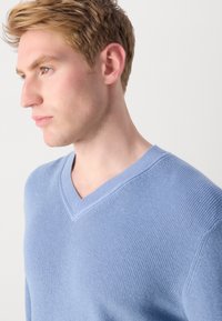 Jasnoniebieski sweter w serek z prążkowanym wzorem, długimi rękawami i eleganckim dekoltem. Miękki materiał o dopasowanym wyglądzie.