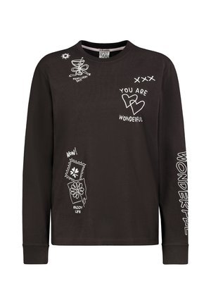Schwarzes Langarmshirt mit weißem aufgedrucktem Text und Zeichnungen, darunter "You are wonderful," Herzen, "Wow!," Blumen und "Wonderful" auf dem Ärmel.