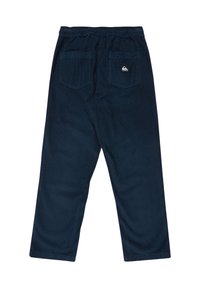 Pantalons en velours côtelé marine avec une taille élastique, deux poches arrière et un petit logo sur la poche droite. Coupe droite.