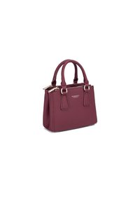 Bordeaux leren handtas met twee handgrepen, textuurafwerking, ritssluiting aan de bovenkant en gouden hardware accenten. Rechthoekige vorm.