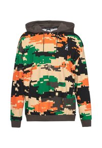 Hooded sweatshirt featuring a pixelated camouflage pattern in green, orange, black, and beige. Made from comfortable fabric with ribbed cuffs.