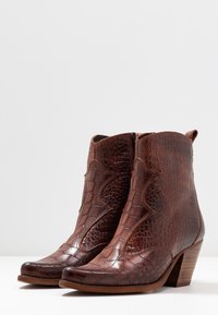 Bruna läderankelboots med krokodilmönster, spetsig tå, böjda sömmar och en staplad klack. Dragkedja på sidan.