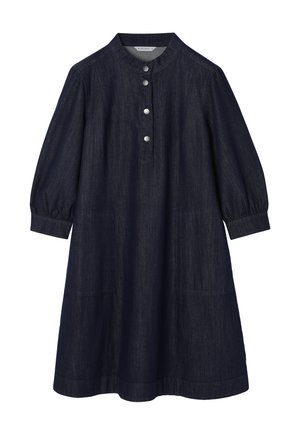 Rochie midi din denim albastru închis, cu mâneci bufante trei sferturi, gât rotund, nasturi frontali cu capse și două buzunare frontale.