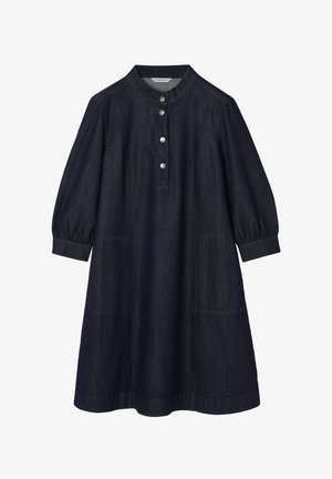 Tamsiai mėlyna džinsinė midi suknelė su trimis ketvirčio pūstomis rankovėmis, apvalia iškirpte, priekiniais spaustukais ir dviem priekinėmis kišenėmis.