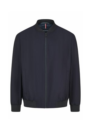 Marineblauw bomberjack met voorrits, geribde kraag, manchetten en zoom, en twee steekzakken aan de zijkant.