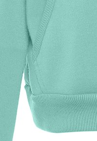 Sweatshirt di un leggero verde acqua con orlo e polsini a coste, texture morbida e dettaglio delle cuciture laterali per un look aderente.