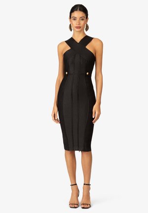 Zwarte midi-jurk met kruislings gelegde banden, textuurstof, bodycon pasvorm, gouden knoopdetails aan de zijkanten en een lengte tot de knie.