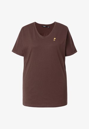 Brązowy T-shirt z krótkim rękawem i dekoltem w serek z małym żółtym logo palmy na lewej piersi, prosty wzór, bawełniana tkanina.