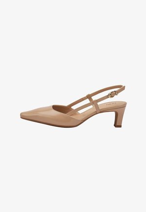 Escarpin slingback en cuir verni beige à bout pointu, avec fines brides et petit talon bloc.