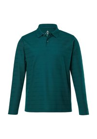 Teal langemouwen poloshirt gemaakt van een soepele stof. Heeft een klassieke kraag, drie knopen en een horizontaal streepjespatroon aan de voorkant.