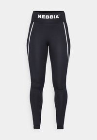 Black leggings with a high waistband featuring "NEBBIA" branding. Includes contrasting white side stripes and a smooth, stretchy texture.