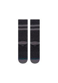 Dunkelgraue Socken mit strukturiertem Finish, versehen mit hellgrauen Streifen und einem blauen Akzent. Enthält bedruckte "LFT" und "RT" Etiketten an den Bündchen.