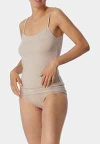 Beige ribbed tank top with thin straps, paired with matching high-waisted briefs, featuring soft fabric and a fitted silhouette.
