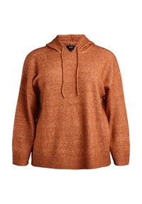 Oranžs adīts kapuci ar teksturētu apdari, aukliņas kapuce un ribinātas aproces un apakšmala. Brīvs piegriezums, kas paredzēts komfortam.