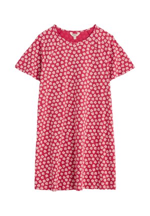 Rotes Kleid mit kurzen Ärmeln, weißem Gänseblümchenmuster, rundem Ausschnitt und A-Linien-Schnitt.