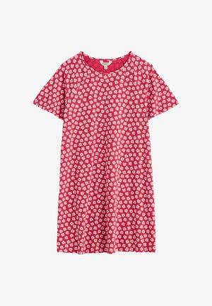 Punane lühikeste varrukatega kleit valge saialillemustriga, ümmarguse kaelusega ja A-lõikega istuv.