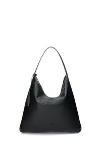 Schwarze Ledertasche mit einer strukturierten Diamantmusterung. Verfügt über einen geschwungenen Griff und eine Quastenverzierung, geräumiges Design, das sich für den täglichen Gebrauch eignet.