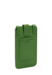 Pochette en cuir vert avec poche avant et trois passants pour ceinture, conçue pour transporter de petits objets en toute sécurité.