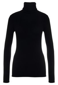 Haut noir à col roulé avec manches longues, fabriqué dans un tissu lisse et extensible. Coupe ajustée avec un col montant. Aucuns motifs ou accents visibles.