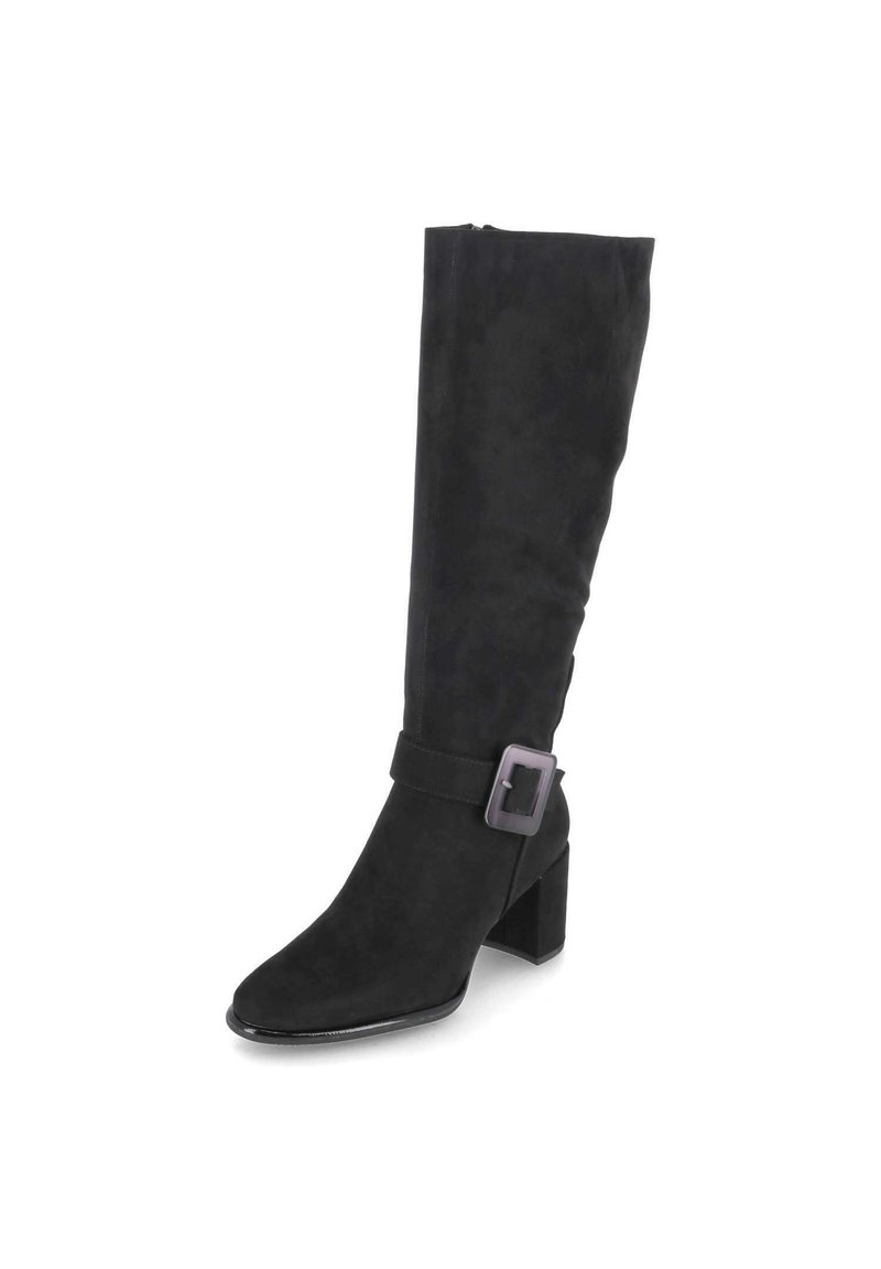 Zwarte suede kniehoge laars met een vierkante neus en blokhak. Heeft een gespsluiting bij de enkel voor extra design.