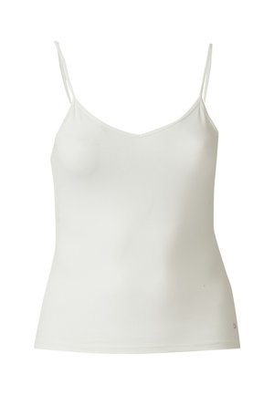 Witte cami-top met verstelbare dunne bandjes, gemaakt van gladde stof, voorzien van een V-hals ontwerp en een aansluitende pasvorm.