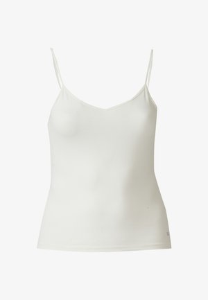 Witte cami-top met verstelbare dunne bandjes, gemaakt van gladde stof, voorzien van een V-hals ontwerp en een aansluitende pasvorm.