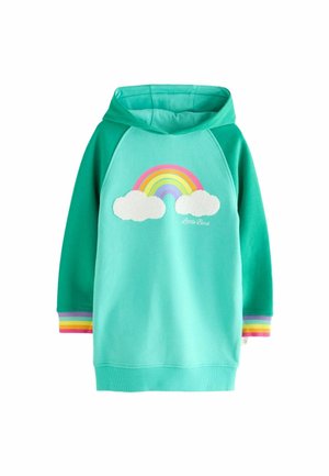 Vestido sudadera turquesa con diseño de arcoíris y nubes. Presenta puños de rayas de arcoíris acanalados y una textura de tela suave.