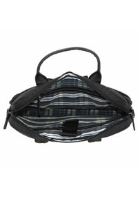 Bolso negro con asas dobles y cierre de cremallera. En su interior presenta un forro de cuadros en azul marino, blanco y verde. Incluye un pequeño bolsillo de almacenamiento.