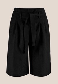 Black linen shorts feature a high waist with a matching fabric belt, pleated design, and wide legs, offering a loose and comfortable fit.