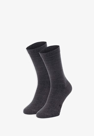 Donkergrijze katoenen sokken met ribbelmanchetten, een gladde textuur, gemiddelde hoogte en geen zichtbare patronen of logo's.