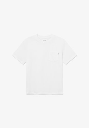 White short-sleeve crew neck t-shirt with a small chest pocket and a subtle logo tag on the pocket's edge.