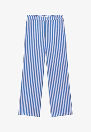 Pantaloni ampi a righe blu e bianche con una cintura elastica, realizzati in tessuto morbido, caratterizzati da righe verticali di larghezze diverse.