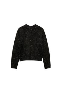 Zwarte, cropped sweater met een ronde halslijn. Gebreide textuur met kleurvlekjes door het hele kledingstuk, lange mouwen en geribbelde zoom.