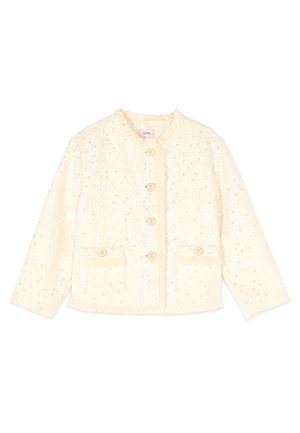 Cream-colored women's jacket with round neckline, front buttons, two front pockets with buttons, and subtle sequin detailing.