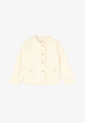Crèmekleurig damesjack met ronde hals, knopen aan de voorkant, twee voorzakken met knopen en subtiele pailletten details.