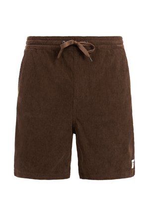 Bruine corduroy shorts met een elastische tailleband en trekkoord, voorzien van een klein wit merklipje nabij de zoom aan het rechterbeen.