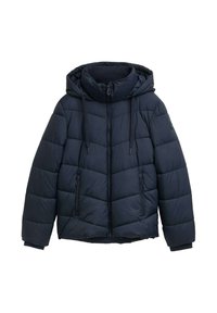 Navyblaue gepolsterte Jacke mit Reißverschluss, abnehmbarer Kapuze und elastischen Bündchen. Mit stepppanelen und zwei seitlichen Reißverschlusstaschen.