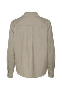 Lichtbruine, gestructureerde blouse met een kraag, lange mouwen en knoopmanchetten. Beschikt over een centrale rugnaad en subtiele verticale strepen.