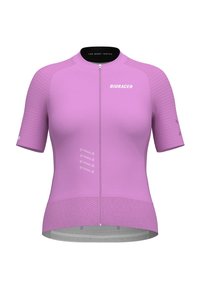 Short-sleeve cycling jersey in light pink, featuring a front zipper, a snug fit, textured accents, and Bioracer branding on the chest.