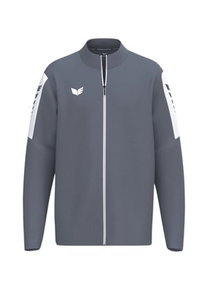 Gray full-zip jacket with a small white logo on the left chest and white panels with black text on both upper sleeves.
