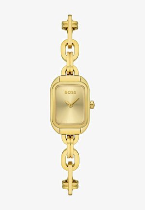 Goldfarbene rechteckige Uhr mit polierter Ziffernblatt, Gliederarmband-Design und dezentem Markenlogo. Verfügt über eine kleine Krone an der Seite.