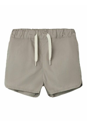 Costumi da bagno color kaki con cintura elastica e cordino, caratterizzati da una texture liscia e tasche laterali.