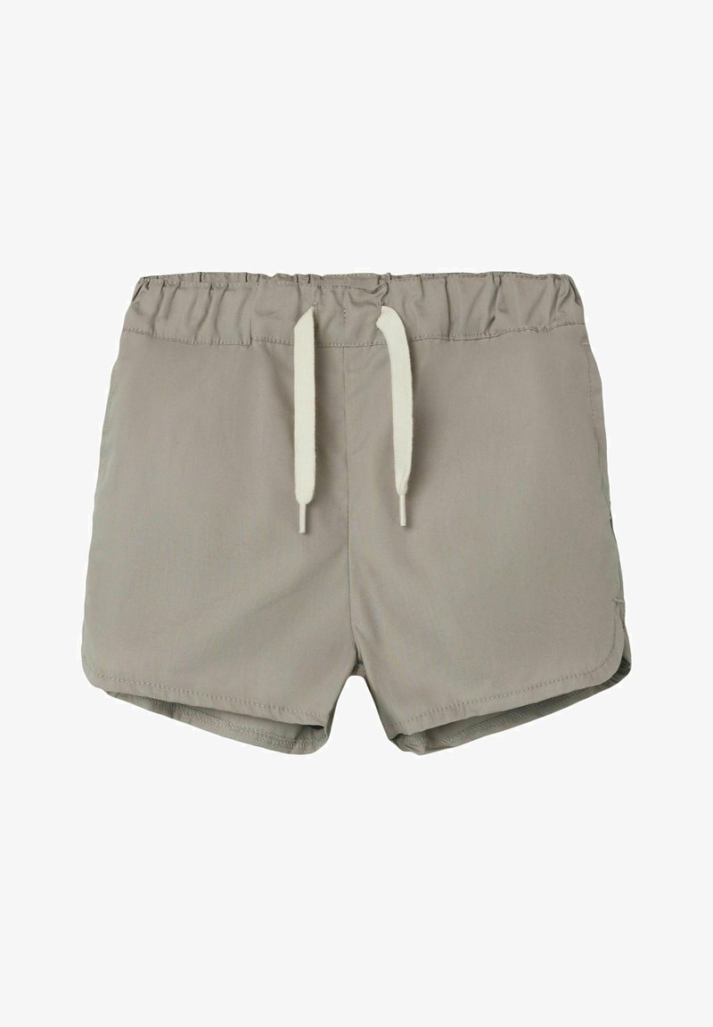 Khaki plavkové šortky s elastickým pasem a šňůrkou, vyrobené z hladkého materiálu a se bočními švy kapsami.