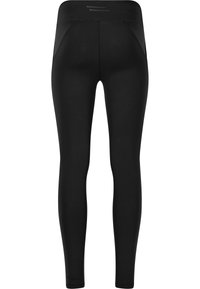 Leggings neri con una texture liscia ed elastica, dotati di una vita alta, tasche laterali e dettagli di cucitura minimi sul retro.