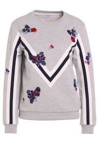 Felpa grigia con ricami floreali in rosso e blu. Presenta un design a chevron con strisce bianche e nere sulle maniche.