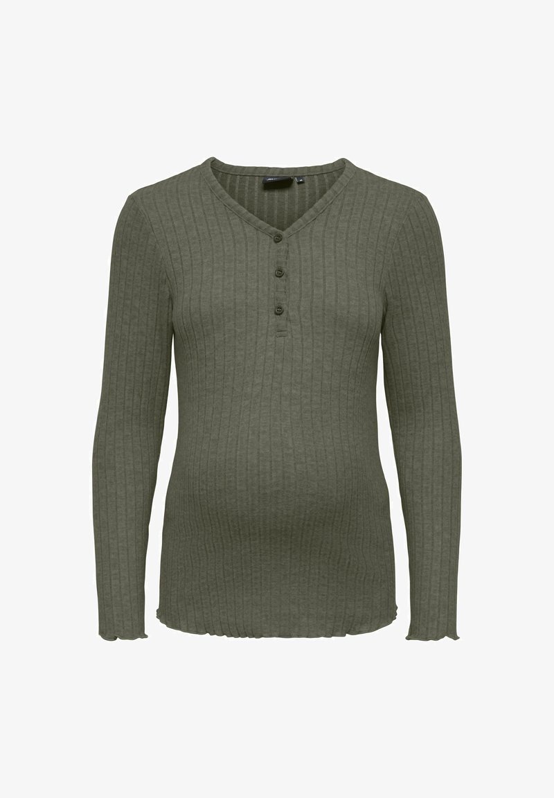 Μπλούζα Henley με μακριά μανίκια σε ελαιί πράσινο, με ριπ ύφασμα, τρία κουμπιά και ελαφρώς κυματιστό τελείωμα σε απλό φόντο.