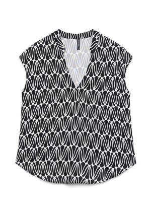 Blusa senza maniche bianca e nera con scollo a V, caratterizzata da un motivo astratto ricorrente costituito da forme arrotondate che ricordano petali o onde.