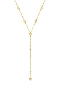 Goldkette mit herzförmigen Gliedern, die jeweils mit einem kleinen klaren Edelstein verziert sind. Glattes Metallfinish mit einem zarten Design.
