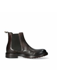 Stivale Chelsea in pelle marrone con pannelli laterali elasticizzati, una linguetta, punta rotonda e una resistente suola in gomma nera con grip testurizzato.