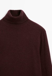 Pull à col roulé marron foncé à manches longues, en tissu tricoté doux, présenté sur fond blanc.